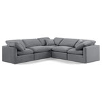 Meridian Furniture - Indulge Upholstered Modular L-Shaped Sectional, Grey, 5-Piece: 2 Armless Chair, 3 Corner Chair, Down Stuffed Velvet - Experience ultimate comfort and style with our grey velvet Indulge Sectional. The luxurious velvet will elevate the aesthetic of any room. This sofa provides ample space for you to relax while its modular build offers the option of unlimited configurations. Whether you're looking to add a stylish element to your living room or a comfortable seating option to your bedroom, this sofa is the perfect choice.