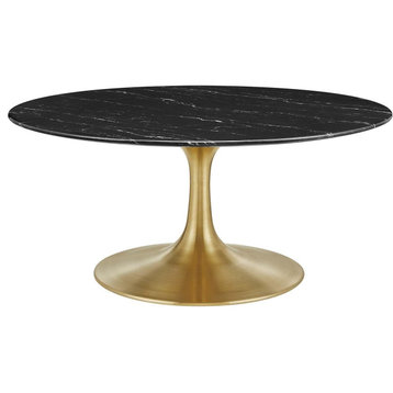Modern Retro Coffee Table, Golden Pedestal Base and Round MDF Top, Black