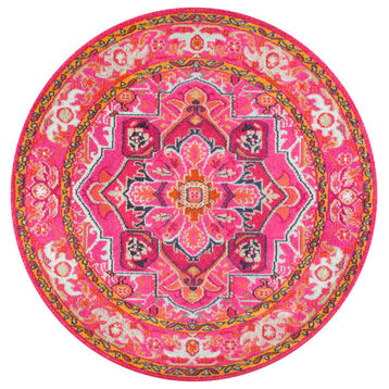 Traditional Bohemian Center Medallion Rug, Violet Pink, 5'3" Round