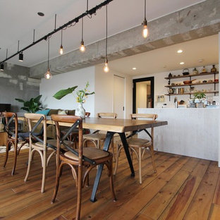 東京23区のインダストリアルスタイルのLDKの画像 (白い壁、無垢フローリング)