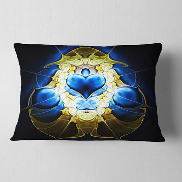 Large Blue Gold Symmetrical Fractal Heart Abstract Throw Pillow, 12"x20"