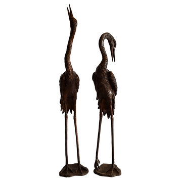 Pair of Crane Fountains Made of Bronze Statue 13" x 9.5" x 52"H