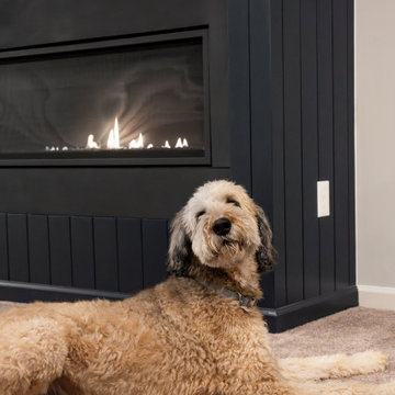 Bold Basement Finish — Linear Gas Fireplace, Wet Bar & Cafe Appliance Suite