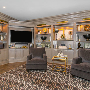 Photo of a large traditional walk-out basement in New York with bamboo flooring, no fireplace, brown walls and brown floors.