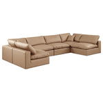 Meridian Furniture - Comfy Upholstered U-Shaped Modular Sectional, Tan, 6-Piece: 4 Armless Chair, 2 Corner Chair, Vegan Leather - Give your space a whole new look with this tan Comfy vegan leather sectional. This handsome sectional fits nicely with other items in the Comfy collection and is a versatile seating option designed for adaptability, comfort and style. Wrapped in rich tan durable vegan leathered upholstery, this sectional offers a plush embrace of overstuffed down feather cushions, carefully crafted to deliver the highest level of comfort. The perfect seat for creating an oasis for relaxation, this sectional has thick foam surrounding its frame for added support and coziness.
