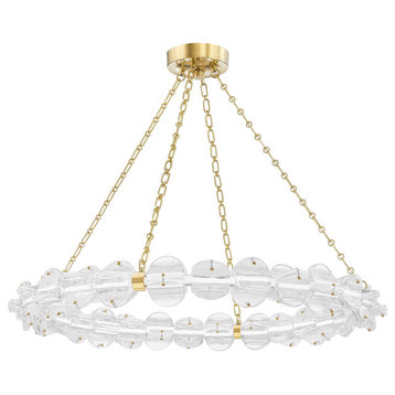 Lindley LED Chandelier, Small, Aged Brass Frame, Etched Shade