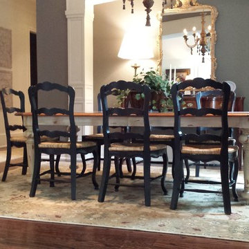 Hand selected Nilipour Oriental Rug completes chic farmhouse dining room space!