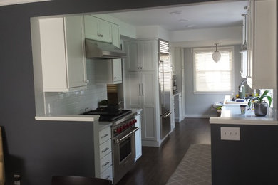 Enclosed kitchen - mid-sized transitional galley dark wood floor and brown floor enclosed kitchen idea in Other with an undermount sink, shaker cabinets, white cabinets, white backsplash, subway tile backsplash, stainless steel appliances and no island