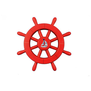 Red Decorative Ship Wheel With Sailboat 12'', Decorative Wooden Wheel