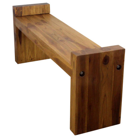 Strata Furniture 18x48" Traditional Wood Two Seat Block Bench in Oak