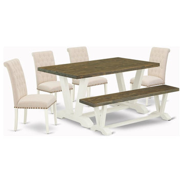 East West Furniture V-Style 6-piece Wood Dining Set in Linen White/Light Beige