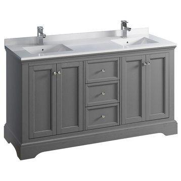 Fresca Windsor 60" Gray Textured Double Sink Cabinet, Top and Sinks