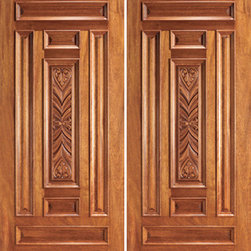 Entry Mahogany Wood Hand Carved 7 Panel Traditional Double Door - Front Doors