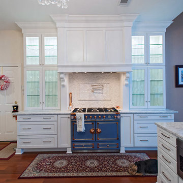 Traditional White Kitchen with Retro Stove and Beverage Center