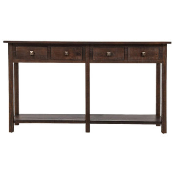 Retro Console Table, Open Lower Shelf & 4 Small Drawers With Knobs, Espresso