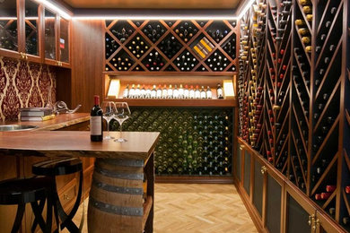 Design ideas for a mid-sized traditional wine cellar in Perth with storage racks, medium hardwood floors and yellow floor.