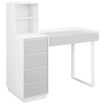 SlayStation Desk with Drawers for Bedroom Duet Glasstop Makeup Table, White/Grey