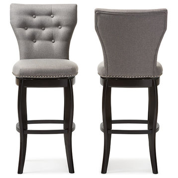 Leonice Fabric Upholstered Button-Tufted Swivel Bar Stools, Gray, Set of 2, 29"