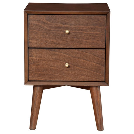 Alpine Furniture Flynn Mid Century 2-Drawer Wood Nightstand, Acorn Brown, Walnut Brown