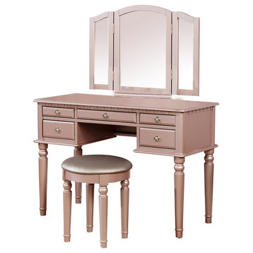 Benzara BM232895 Vanity Set With Turned Tapered Legs/3 Piece Mirror, Rose Gold