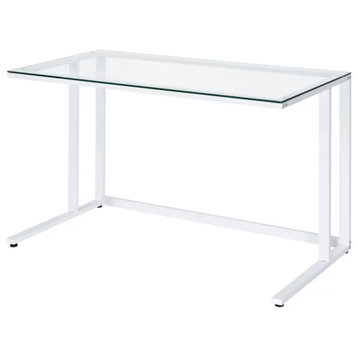 Modern Desk Open White Painted Metal Frame With Rectangular Clear Glass Top