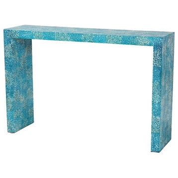Pemberly Row Contemporary Mother of Pearl & Wood Console Table in Blue
