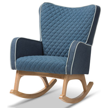 Zoelle Mid-Century Modern Blue Fabric Upholstered Natural Finished Rocking Chair