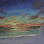 Alan Zawacki Fine Art - Original Tropical Sunset Seascape Beach Painting, Woman on Beach - "Elegant Observer" is an original 24"x48" acrylic tropical sunset seascape painting on gallery wrap canvas. This large original fine art painting portrays an elegant woman in an evening dress standing on the shore enthralled by the brilliant orange and golden colors of the setting sun.