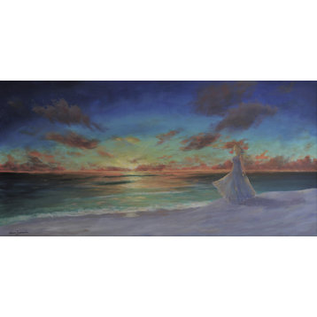 Original Tropical Sunset Seascape Beach Painting, Woman on Beach