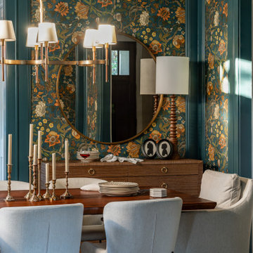 Moody Sophisticated Dining Room with Deep Teal Floral Wallpaper and Trim