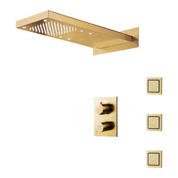 Cosenza 22" Brushed Gold Rainfall Shower System, 3 Jetted Body Sprays, Led - Showerheads And Body Sprays