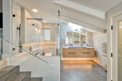 Mid-sized minimalist master double-sink bathroom photo in San Francisco with a floating vanity