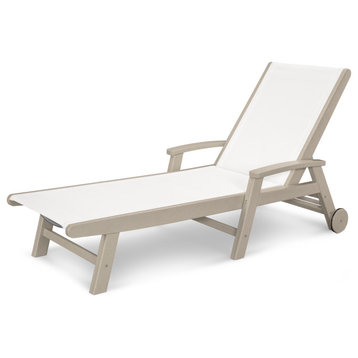 POLYWOOD Coastal Chaise With Wheels, Sand/White Sling