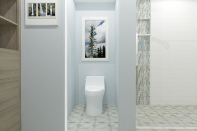 Example of a mid-sized transitional master yellow tile and mosaic tile marble floor, gray floor and double-sink bathroom design in St Louis with shaker cabinets, brown cabinets, a one-piece toilet, blue walls, an undermount sink, granite countertops, white countertops, a niche and a floating vanity