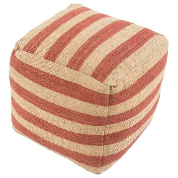 16" Clay Red and Sandy Tan Stripe Pattern Jute and Wool Pouf Ottoman