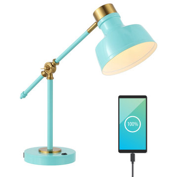 Allegra 18.5" Adjustable Cantilever LED Task Lamp, USB Charging Port, Cyan/Brass Gold