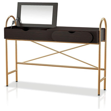 Unique Vanity Table, Golden Sleek Frame With 2 Drawers and Flip Up Mirror