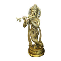 Mogul Interior - Gopal Krishna Playing the Flute Indian Brass Statue in gold finish from - Decorative Objects And Figurines
