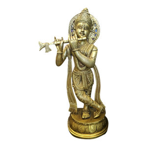 Mogul Interior - Gopal Krishna Playing the Flute Indian Brass Statue in gold finish from - Decorative Objects And Figurines