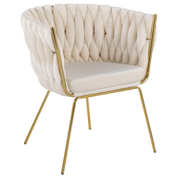 Braided Renee Chair, Gold Metal, White Velvet
