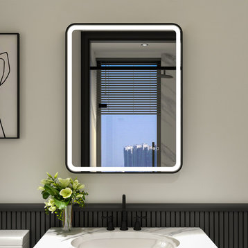 Soft Corners LED Bath Mirror with Lights, Defogger, Dimmer, Black, 28"x36"