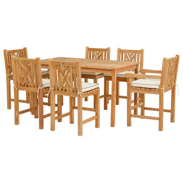 7 Piece Teak Chippendale 63" Rect Bistro Counter Set, 2 Arm and 4 Side Stools