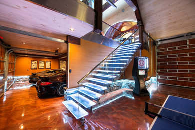 Example of a large mountain style concrete floor seated home bar design in Other with an undermount sink and flat-panel cabinets