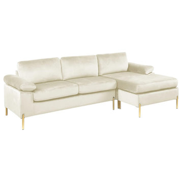 Elegant Sectional Sofa, Golden Legs With Soft Velvet Seat & Pillowed Arms, Beige