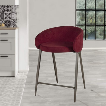Unique Counter Stool, Pewter Base With Plush Velvet Seat and Curved Back, Burgun
