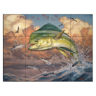 Tile Mural, Blue Dolphin by Don Ray - Beach Style - Tile Murals