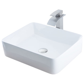 Porcelain Vessel Sink, Faucet  and Drain Combo Set, Brushed Nickel