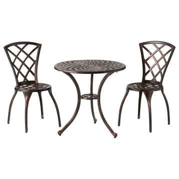3 Pieces Patio Bistro Set, Round Table and 2 Chairs With Diamond Patterned Back