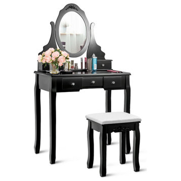 Traditional Vanity Set, 5 Storage Drawers & Rotating Mirror With Padded Stool