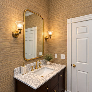 Elegant Transitional Guest Bathroom with Grasscloth Wallpaper